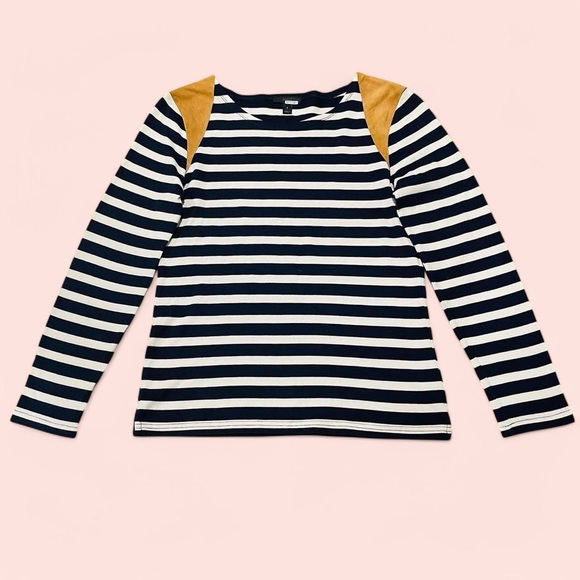 J. Crew Tops - J. Crew Striped Long Sleeve Leather Capped Shoulders Top Size Small